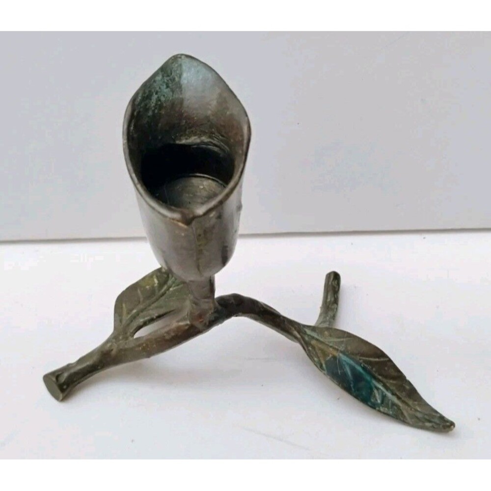 Vtg Brass Calla Lily Candle Holder Verdigris Patina Art Nouveau Organic Branch